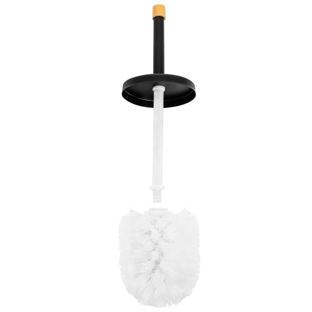 Stand cu perie WC si suport hartie igienica, metal si bambus, 74cm, negru