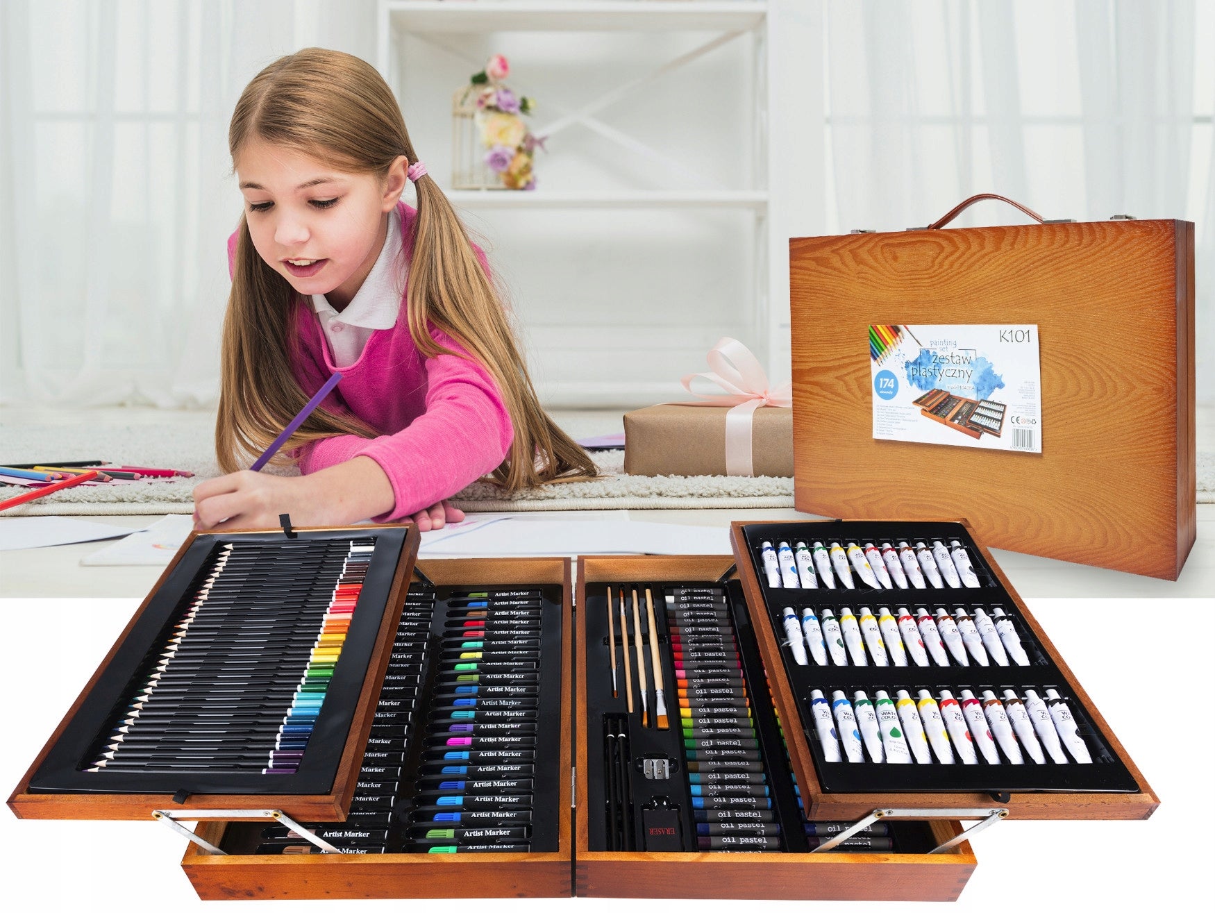 Set de pictura si desen pentru copii, 174 de piese, trusa lemn, 45x32x10cm
