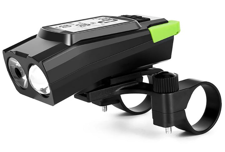 Far bicicleta 3 in 1, 2x LED 5 Wati, claxon, vitezometru, distanta, acumulator 4000mAh, USB, rezistent la apa