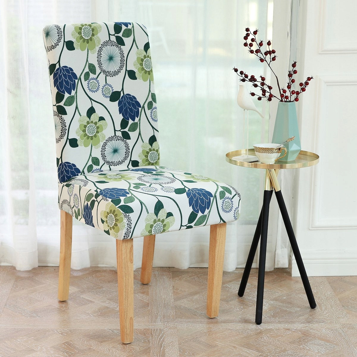 Set 4 huse universale pentru scaun, marime universala, poliester si spandex, 45 cm x 60 cm, imprimeu floral, gri - 3