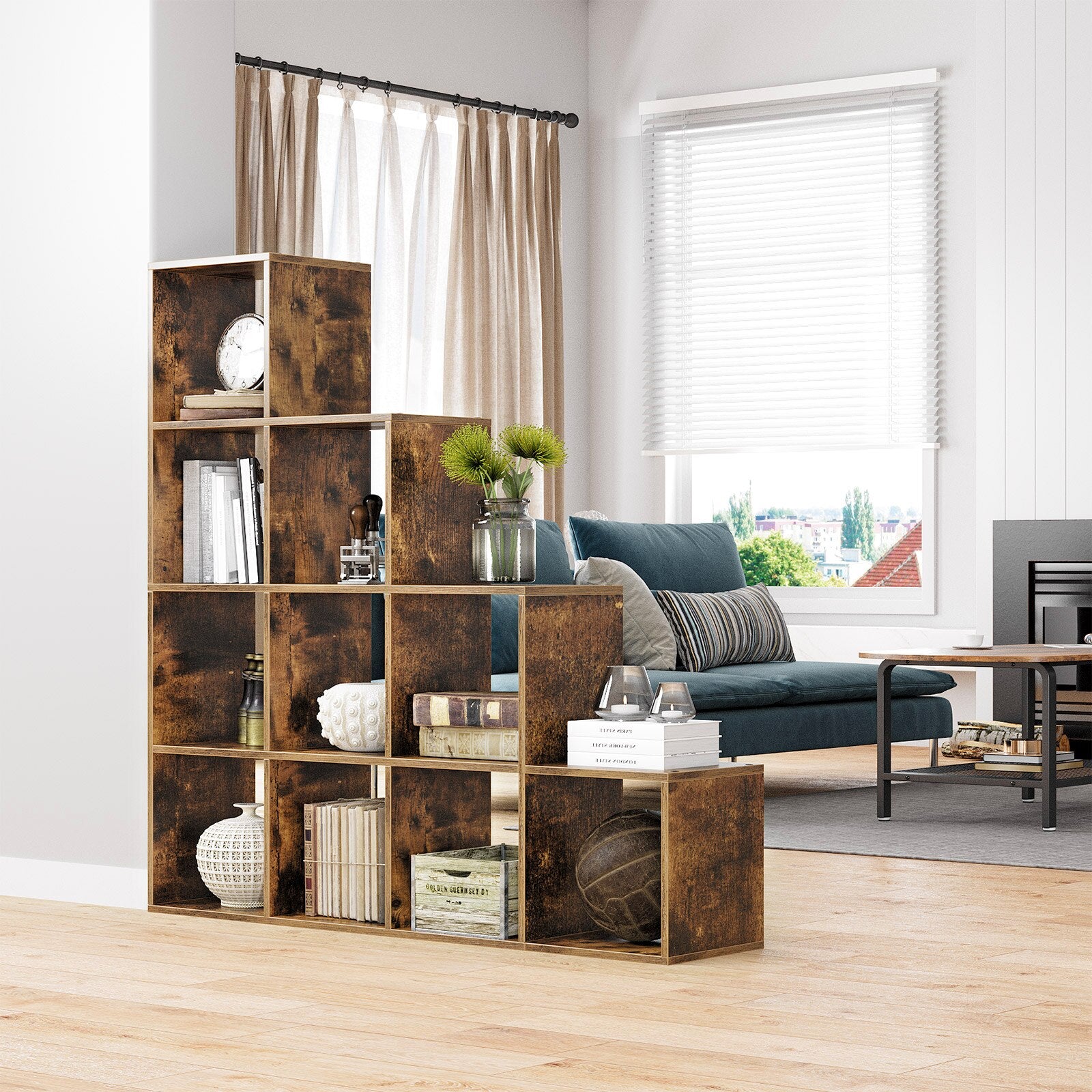 VASAGLE Biblioteca cu 10 compartimente, unitate de depozitare pentru decoratiuni, din lemn, 29x129x129cm, maro rustic