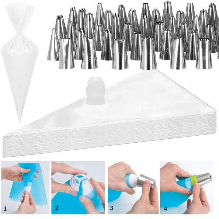 Set patiserie cu platou rotativ, 124 piese cu sabloane pentru ornarea prajiturilor