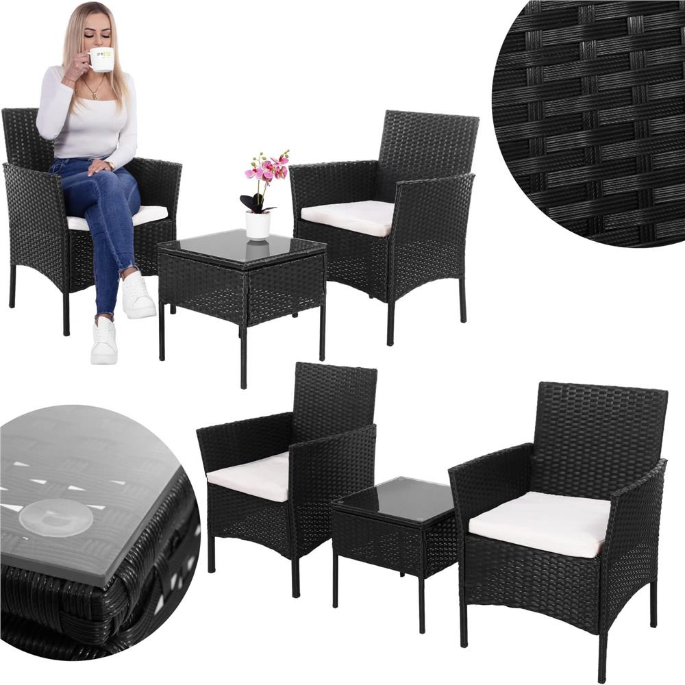 Set mobilier terasa, din tehnorattan, masa cu blat sticla securizata, 2 fotolii cu perne, negru