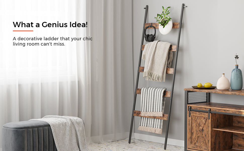 VASAGLE Cuier baie tip scara inclinata, cadru din otel cu 5 nivele, agatatori detasabile, 65x178cm, maro rustic si negru