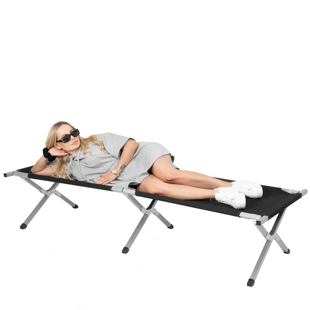 Pat pliant pentru camping, structura metalica, 190x74x42cm, 150kg, negru