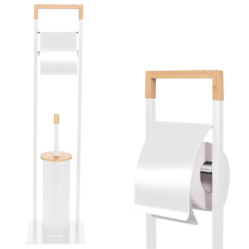 Stand cu perie WC si suport hartie igienica, metal si bambus, 76cm, alb perla