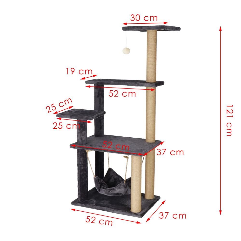 Ansamblu de joaca pentru pisici, cu loc pentru zgariat, hamac, minge, 121cm, grafit