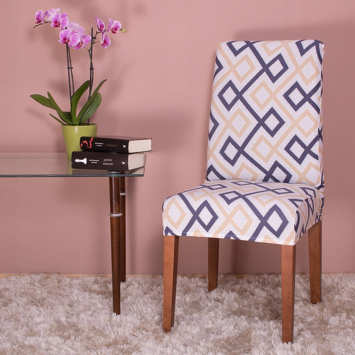 Husa universala pentru scaun, marime universala, poliester si spandex, 45 cm x 60 cm, romburi, gri albastru