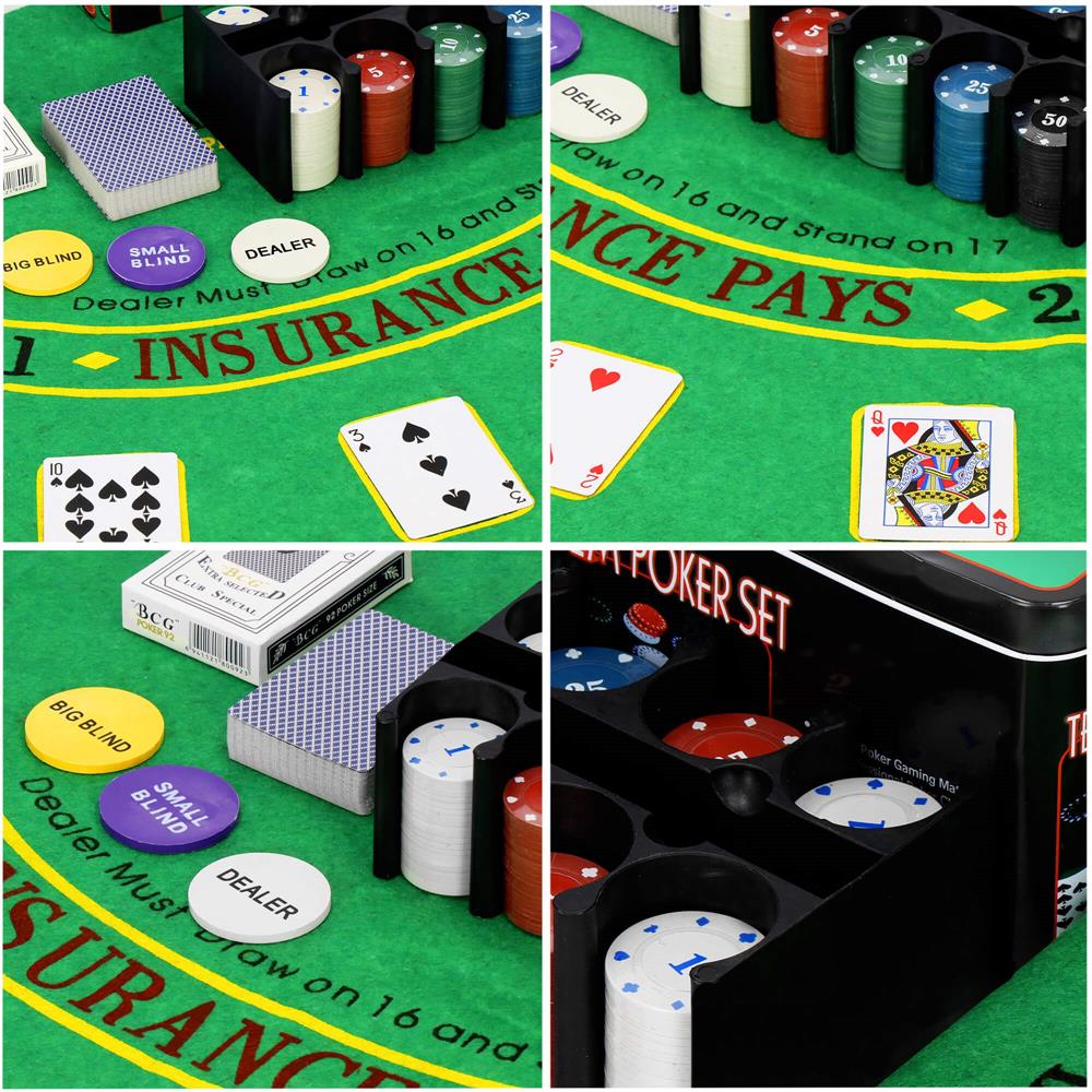 Set de Poker Complex cu 200 de jetoane, covoras verde, 2 seturi de carti, in cutie metalica