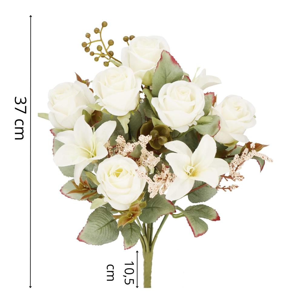 Buchet de flori artificiale din poliester, 9 fire trandafiri si crini, 37cm, alb