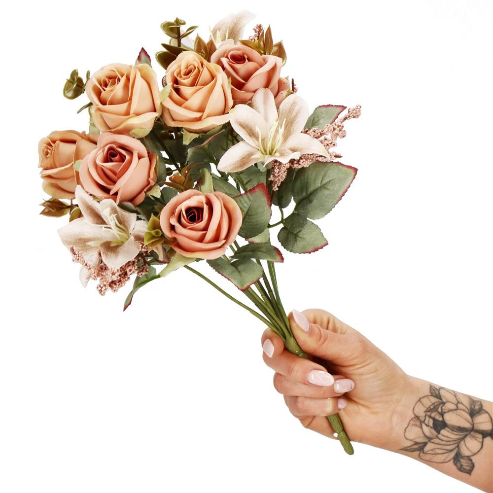 Buchet de flori artificiale din poliester, 9 fire trandafiri si crini, 37cm, roz