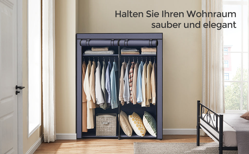 SONGMICS Garderoba pentru depozitarea hainelor, din material textil, cu 2 bare pentru umerase, 43x140x174cm, albastru