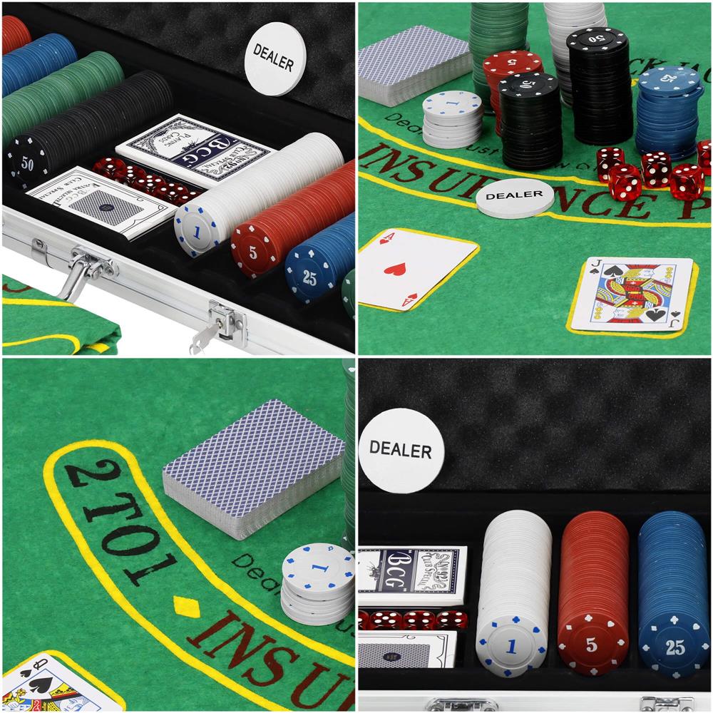 Set de Poker Complex cu 500 de jetoane, covoras verde, 2 seturi de carti, 5 zaruri, in servieta aluminiu