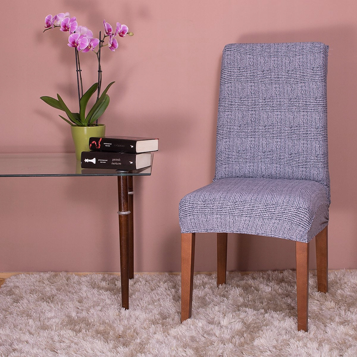 Set 4 huse universale pentru scaun, marime universala, poliester si spandex, 45 cm x 60 cm, carouri, gri inchis