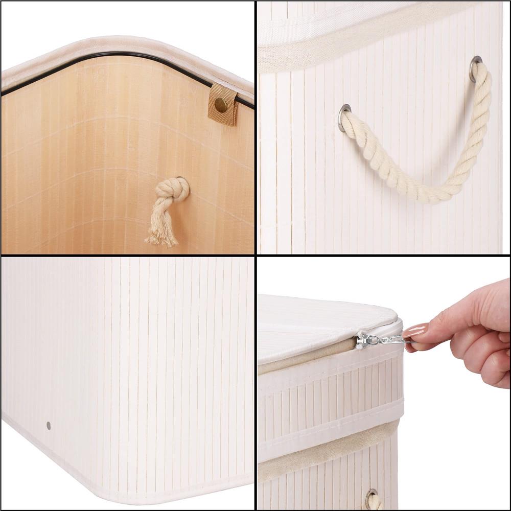 Cos de rufe din bambus cu capac, 2 compartimente, sac detasabil, volum 100L, 54x35x60cm, alb - 12