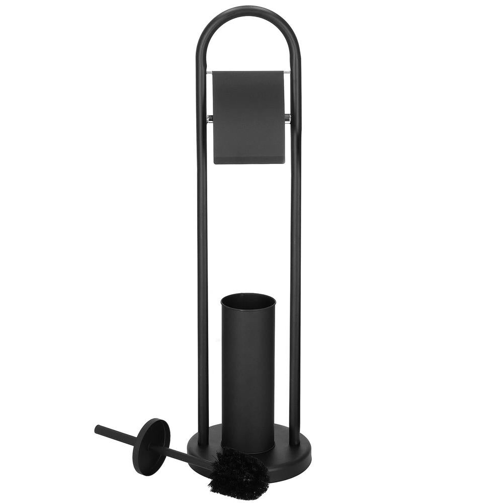 Stand cu perie WC si suport hartie igienica, metal, 80cm, negru mat