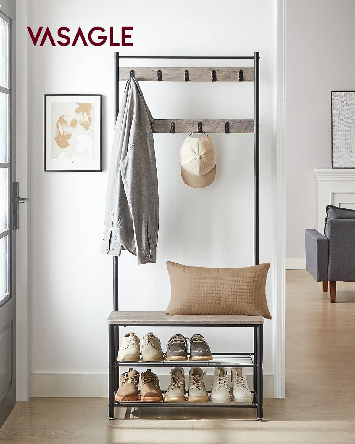 VASAGLE Cuier multifunctional 70x32x175 cm, cu 9 carlige, banca si 2 rafturi pantofi, PAL si otel, gri si negru
