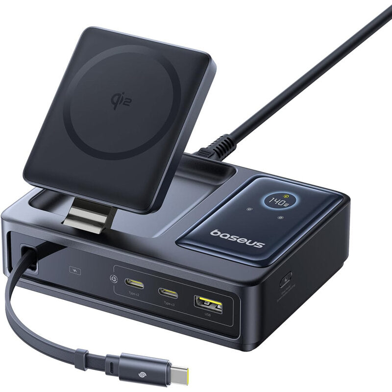 INCARCATOR retea Baseus NOMOS 5-in-1 Desktop Charger, Quick Charge 140W, incarcare wireless 15W max. Qi2, 3 x USB Type-C, 1 x USB, negru "P10170902123-00" - 6932172673406