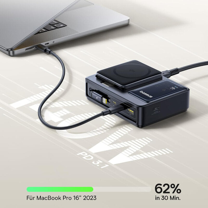 INCARCATOR retea Baseus NOMOS 5-in-1 Desktop Charger, Quick Charge 140W, incarcare wireless 15W max. Qi2, 3 x USB Type-C, 1 x USB, negru "P10170902123-00" - 6932172673406