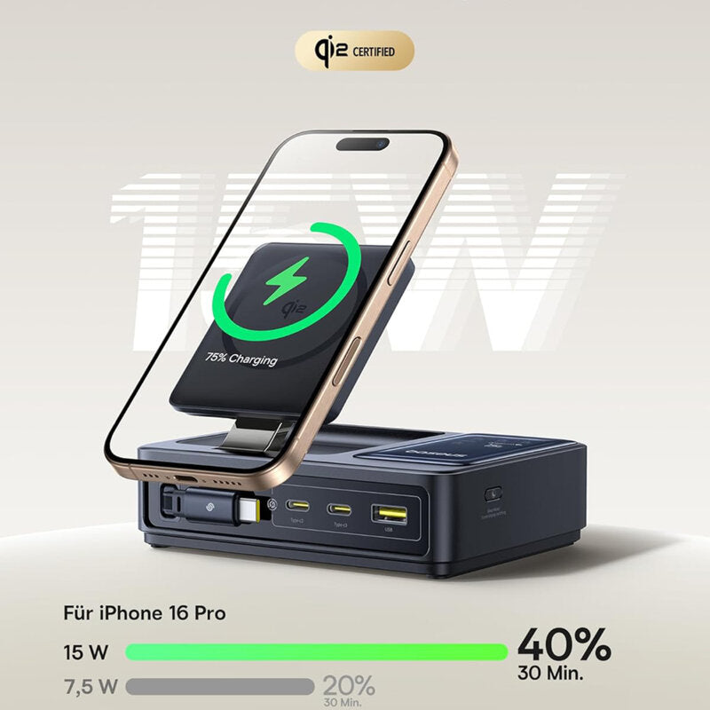 INCARCATOR retea Baseus NOMOS 5-in-1 Desktop Charger, Quick Charge 140W, incarcare wireless 15W max. Qi2, 3 x USB Type-C, 1 x USB, negru "P10170902123-00" - 6932172673406
