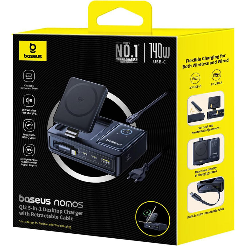 INCARCATOR retea Baseus NOMOS 5-in-1 Desktop Charger, Quick Charge 140W, incarcare wireless 15W max. Qi2, 3 x USB Type-C, 1 x USB, negru "P10170902123-00" - 6932172673406