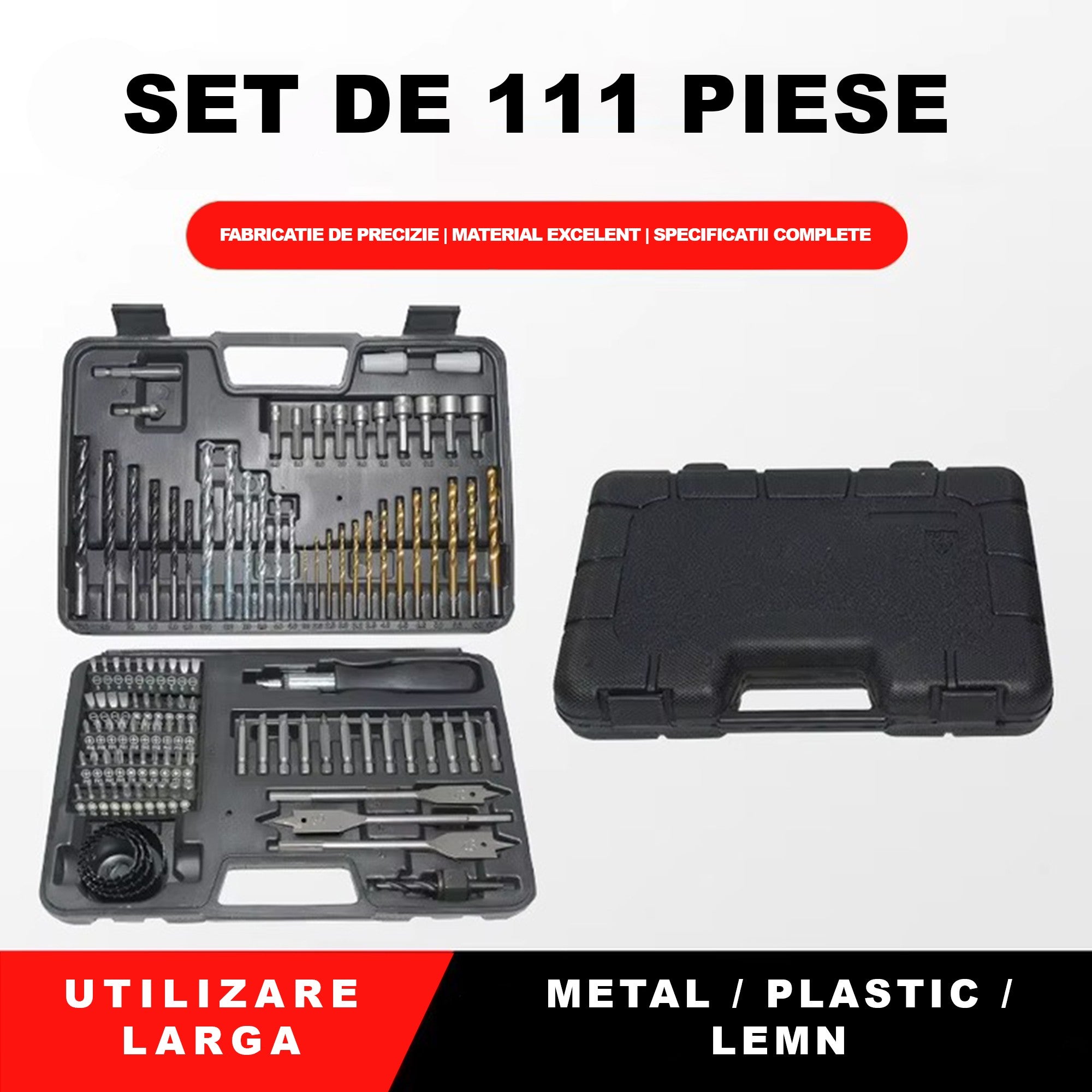 Set Scule Profesionale, Set 111 buc, Accesorii Multifunctionale pentru Gaurire si Insurubare, Burghie Lemn, Metal, Zidarie, Cutie Transport, 30 x 20 x 6 cm, Negru