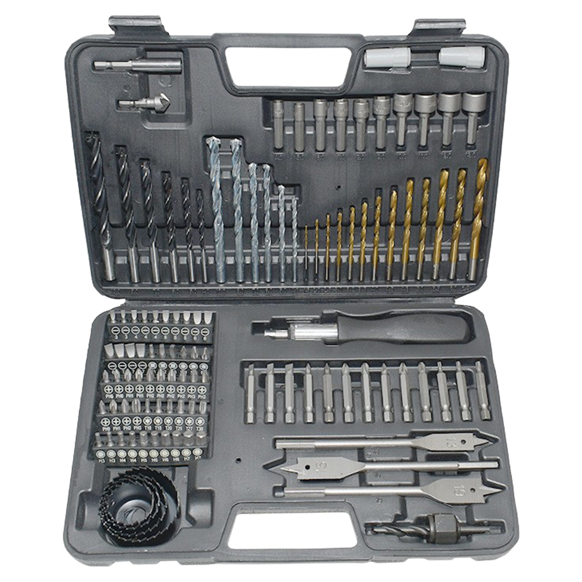 Set Scule Profesionale, Set 111 buc, Accesorii Multifunctionale pentru Gaurire si Insurubare, Burghie Lemn, Metal, Zidarie, Cutie Transport, 30 x 20 x 6 cm, Negru