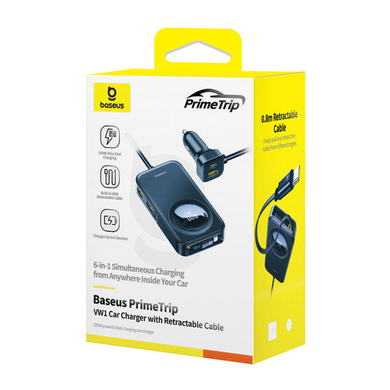 INCARCATOR auto Baseus PrimeTrip VW1, Quick Charge 60W, 2 x USB, 3 x USB Type-C, pt. bricheta auto, cablu retractabil, negru "C00069000121-00" - 6932172687465