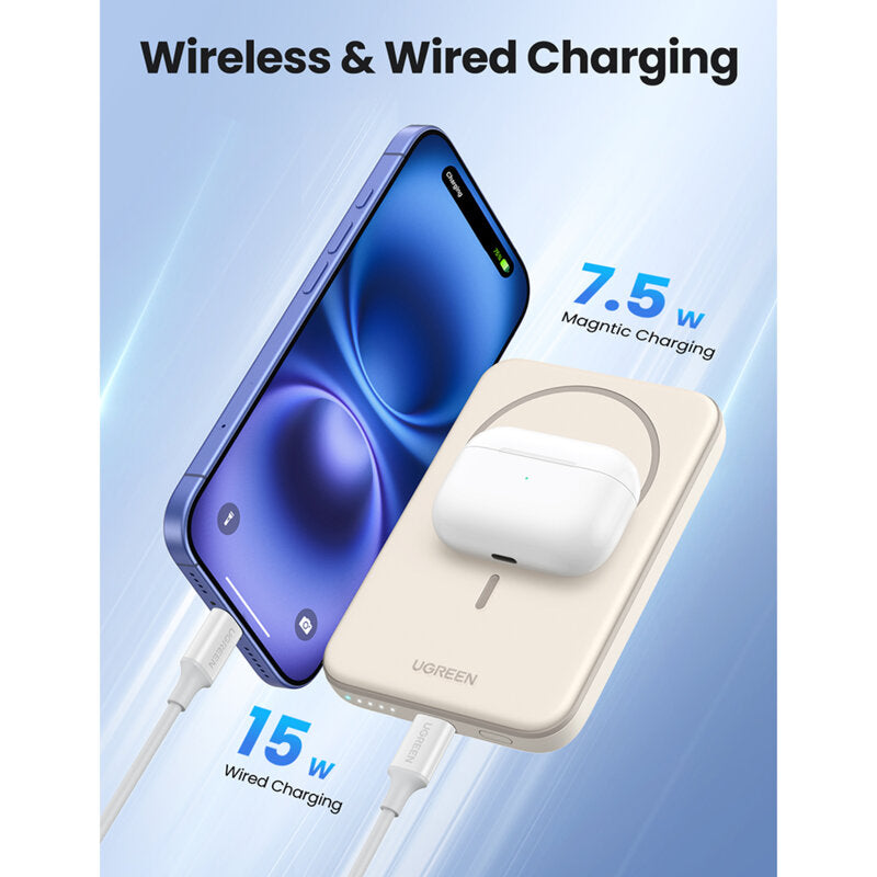 POWER BANK Ugreen "PB560", 5000mAh, 15W, prindere magnetica Iphone 12 and later, 1 x USB Type-C input/output, bej, "25207" - 6941876222070