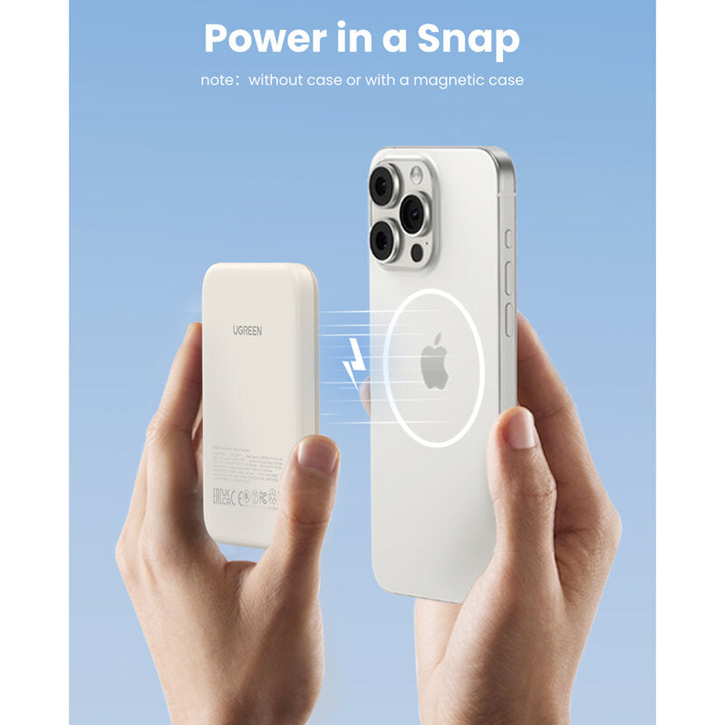POWER BANK Ugreen "PB560", 5000mAh, 15W, prindere magnetica Iphone 12 and later, 1 x USB Type-C input/output, bej, "25207" - 6941876222070