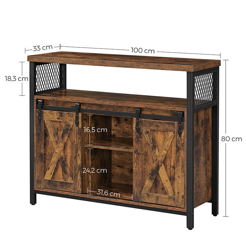 Comoda pentru living sau bucatarie, cu 2 usi glisante, rafturi reglabile, stil rustic, 33x100x80cm, maro si negru
