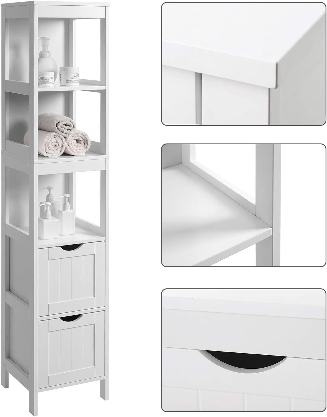 VASAGLE Dulap de baie tip coloana, din MDF, cu 2 sertare si 3 rafturi, 30x30x142 cm, alb