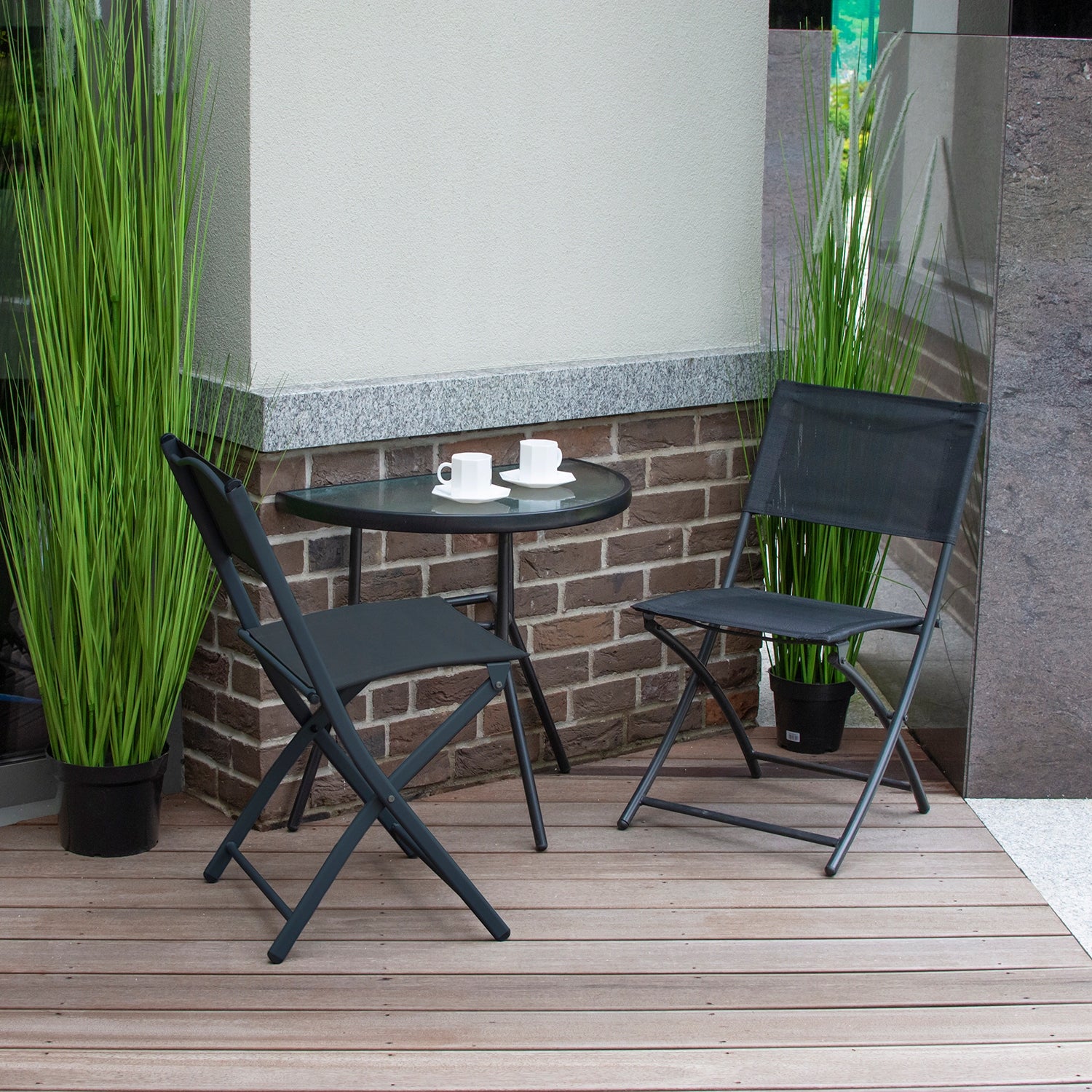 Set mobilier gradina sau balcon, masa semirotund sticla cu 2 scaune pliabile, gri
