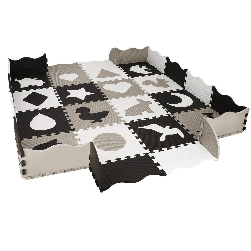 Covor din spuma pentru copii, tip puzzle animale, 52 piese, termoizolant, 150x150 cm, gri negru