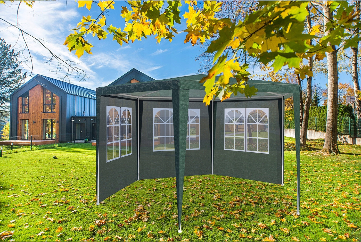 Cort pavilion de gradina hexagonal, 200x200 cm, cu pereti laterali cu ferestre, impermeabil cu rezistenta UV, verde