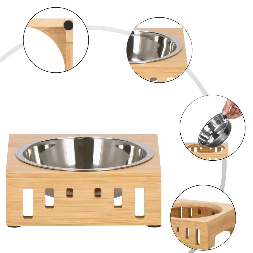 Castron inox, bol, pentru caine sau pisica, cu suport din bambus, 15cm