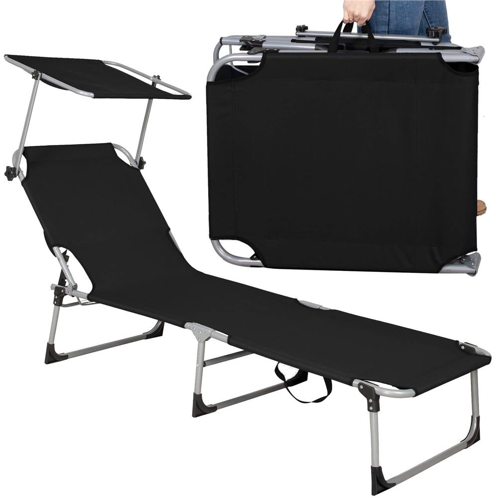Sezlong pliabil cu parasolar, 188x57x38cm, sarcina 120kg, gri antracit