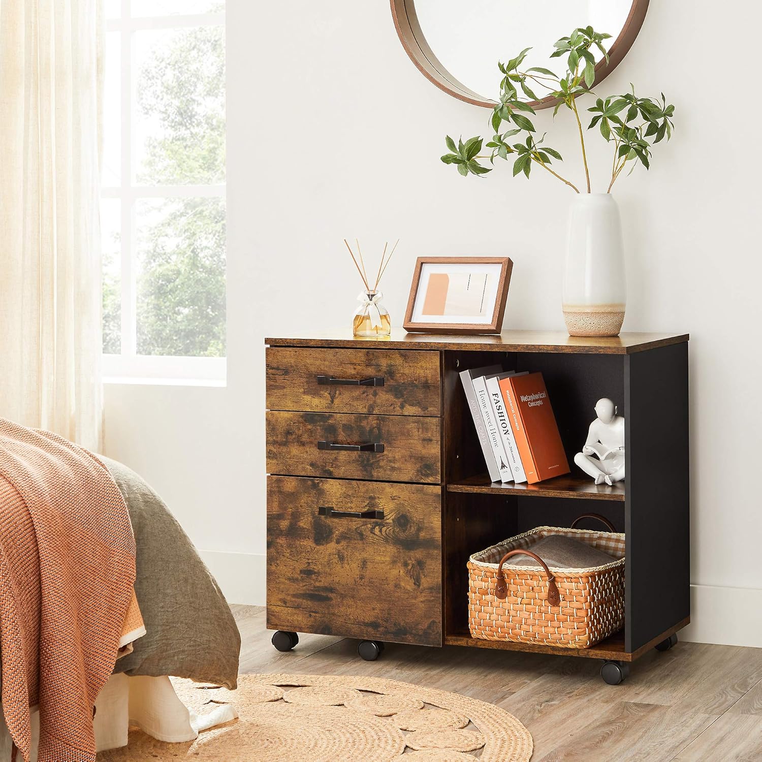 VASAGLE Dulap mobil tip rollbox pentru birouri, sertar cu sina suport dosare, stil industrial, 40x80x66 cm, maro rustic