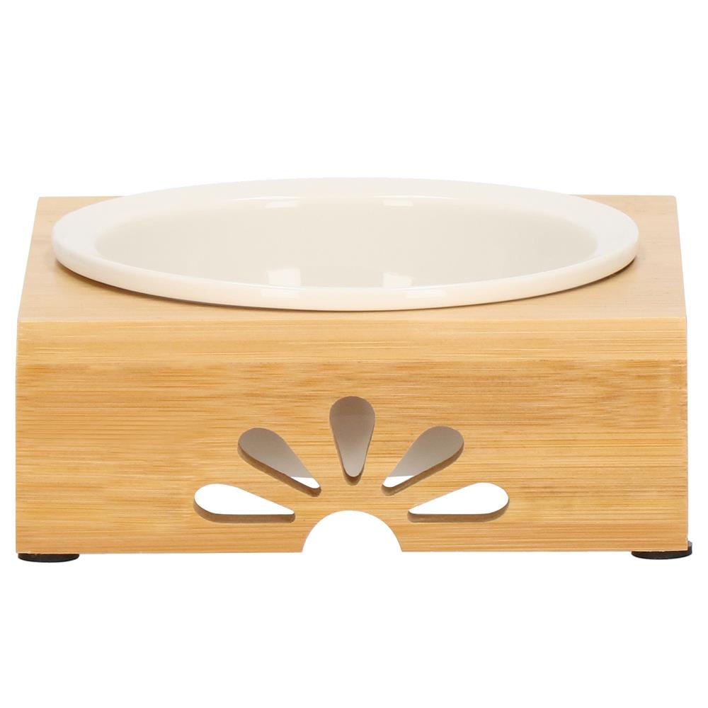 Castron ceramica, bol, pentru caine sau pisica, cu suport din bambus, 15cm