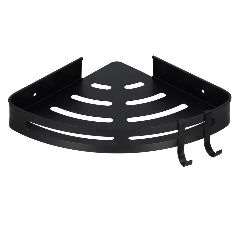 Set de 2 rafturi de baie pentru colt cu 2 sisteme instalare pe perete, aluminiu, 27x20x4cm, negru