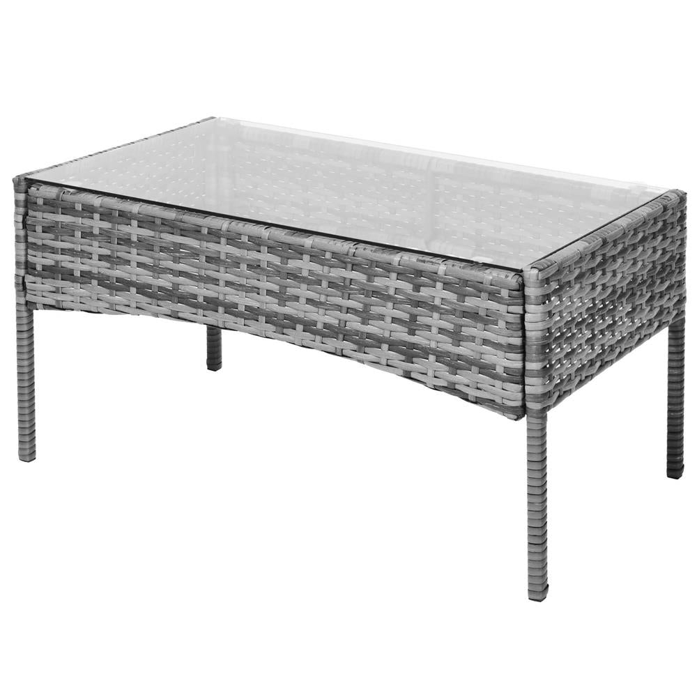 Set mobilier terasa, din tehnorattan, masa cu blat sticla securizata, 2 fotolii si 1 canapea cu perne, gri