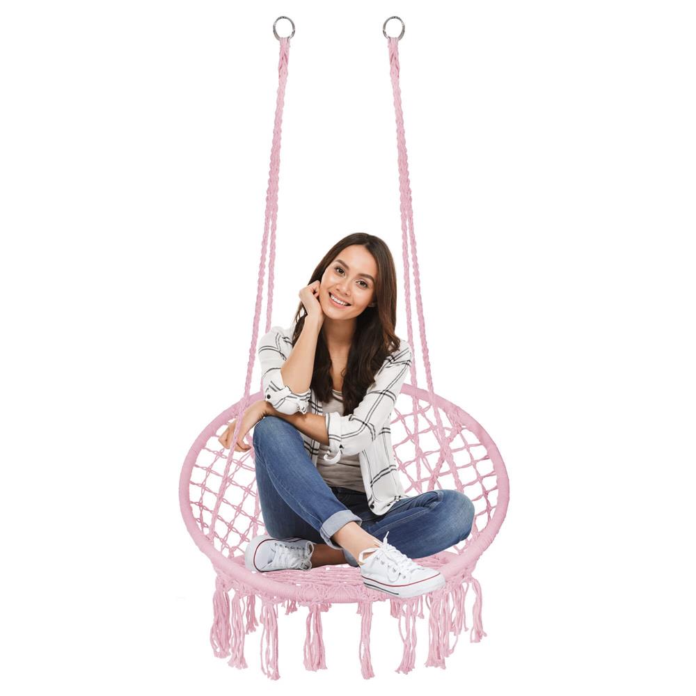 Scaun rotund tip leagan suspendat pentru casa sau gradina SPR42, cu franjuri, 150kg, roz