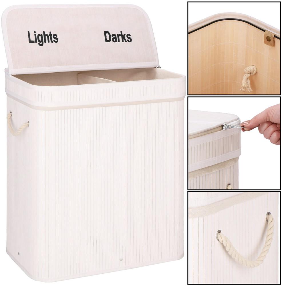 Cos de rufe din bambus cu capac, 2 compartimente, sac detasabil, volum 100L, 54x35x60cm, alb - 13