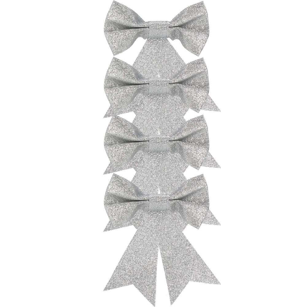 Set 4 ornamente pentru bradul de Craciun, fundita, 13cm, argintiu