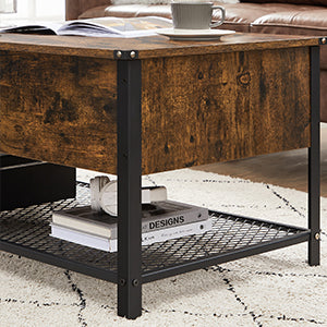 Masuta de cafea cu capac rabatabil, compartiment depozitare ascuns si raft plasa, industrial, 100x55x47cm, maro rustic si negru