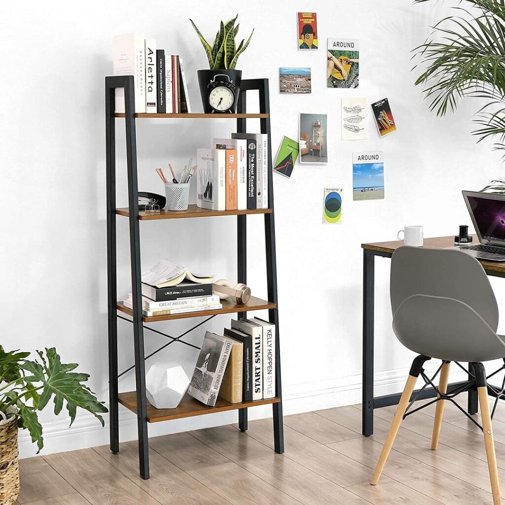 VASAGLE Biblioteca tip scara, cadru otel cu 4 polite din MDF, stil industrial, 56x34x138cm, maro rustic