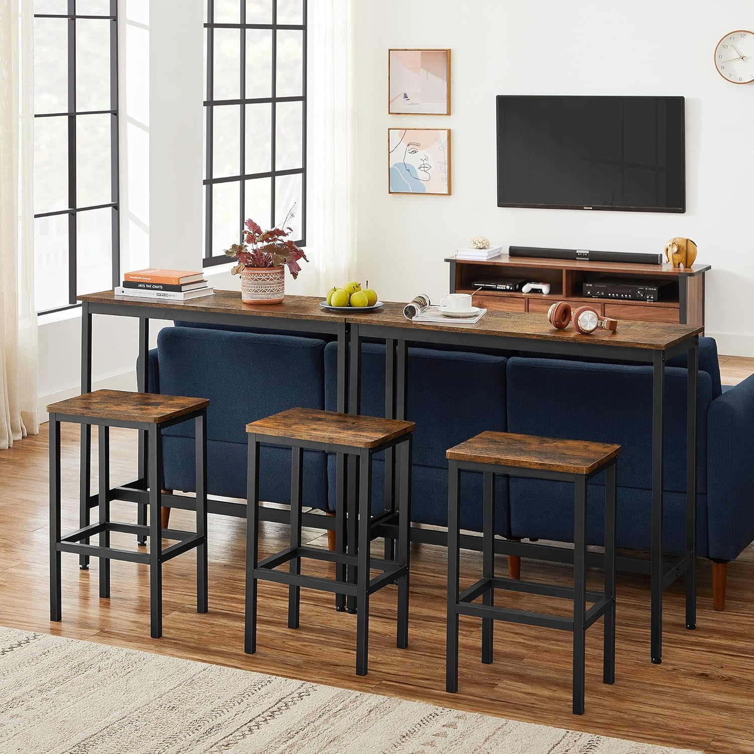 VASAGLE Set masa de bar cu 2 scaune, cadru din otel, blat lemn, design industrial, 100x40x90cm, maro rustic si negru