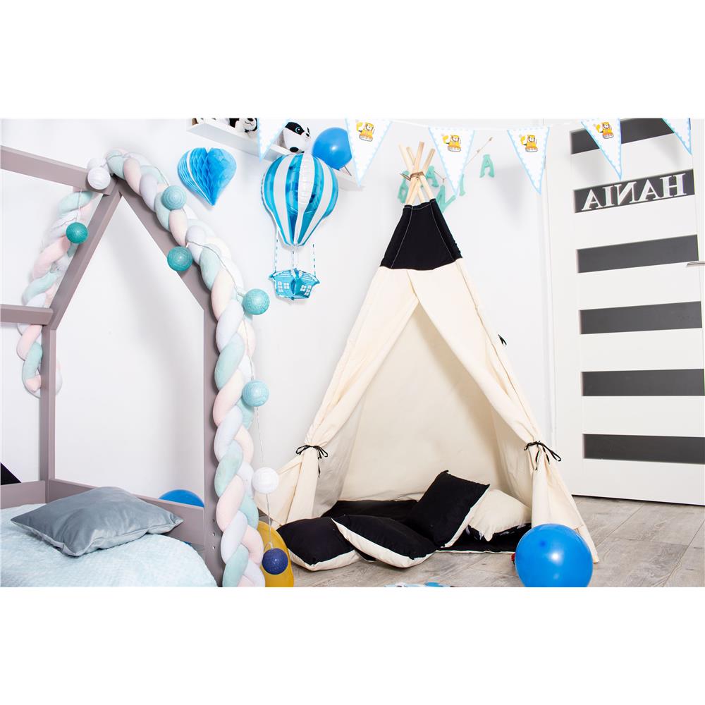 Cort copii Sersimo stil indian Teepee Tent cu fereastra, covoras gros si 2 perne, alb negru
