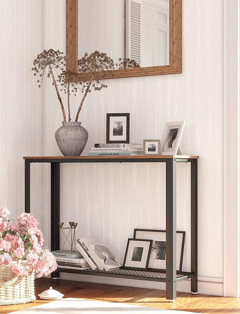 VASAGLE Masa de intrare, cadru metalic cu blat din lemn, industrial, 102x35x80cm, maro rustic si negru