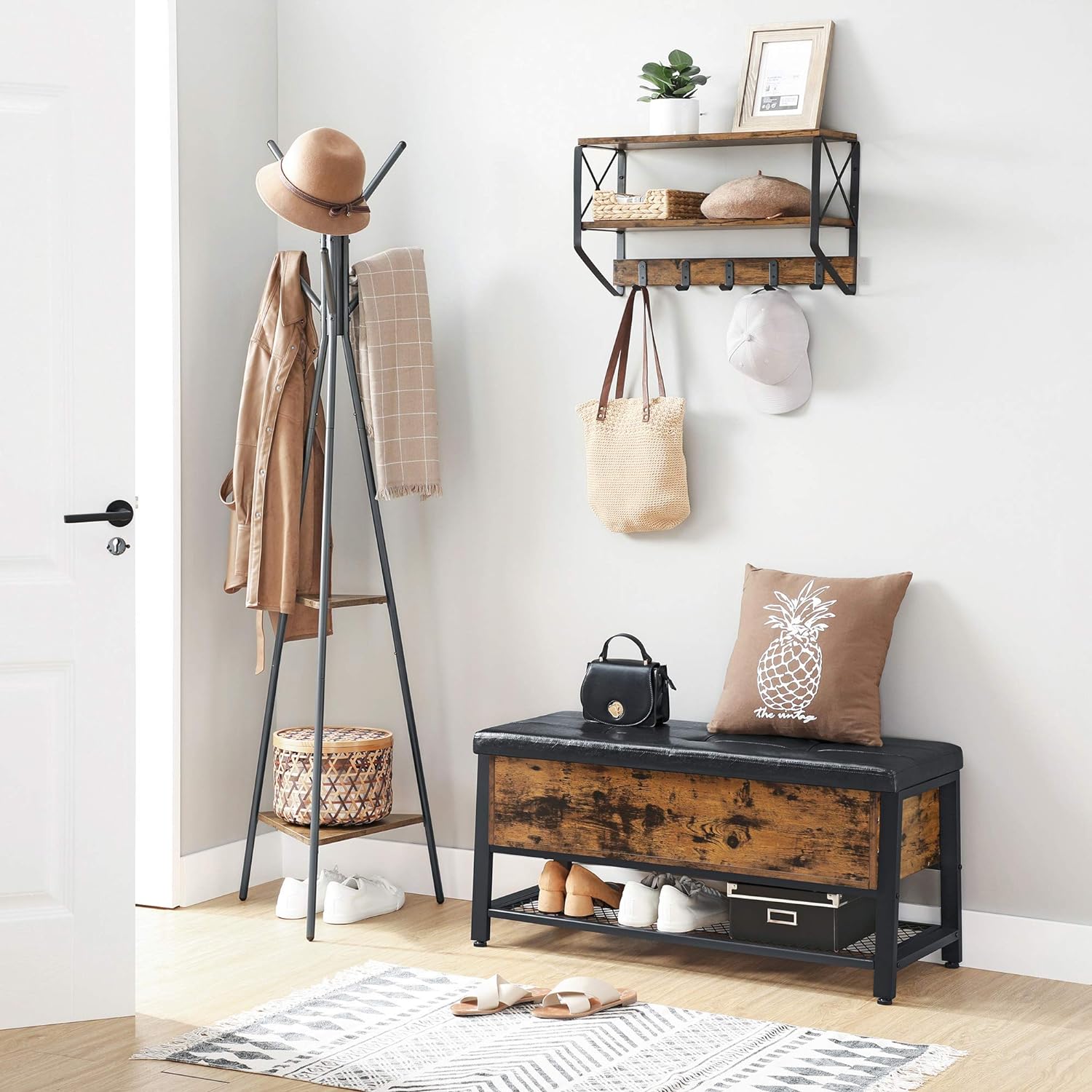 VASAGLE Pantofar de lemn cu spatiu de depozitare tip banca, cu sezut captusit si polita depozitare, stil industrial, 100x40x47cm, maro rustic si negru